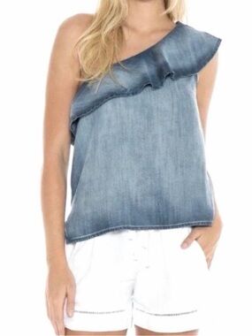3 for $20 CHELSEA & VIOLET One-Shoulder Chambray Denim Ruffle Top Faded Blue S